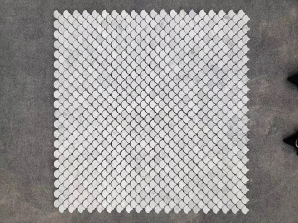 Carrara White Mini Fish Scale Fan Shaped Mosaic Tile 