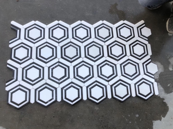 Hexagon Thassos White & Nero Marquina Marble Mosaic